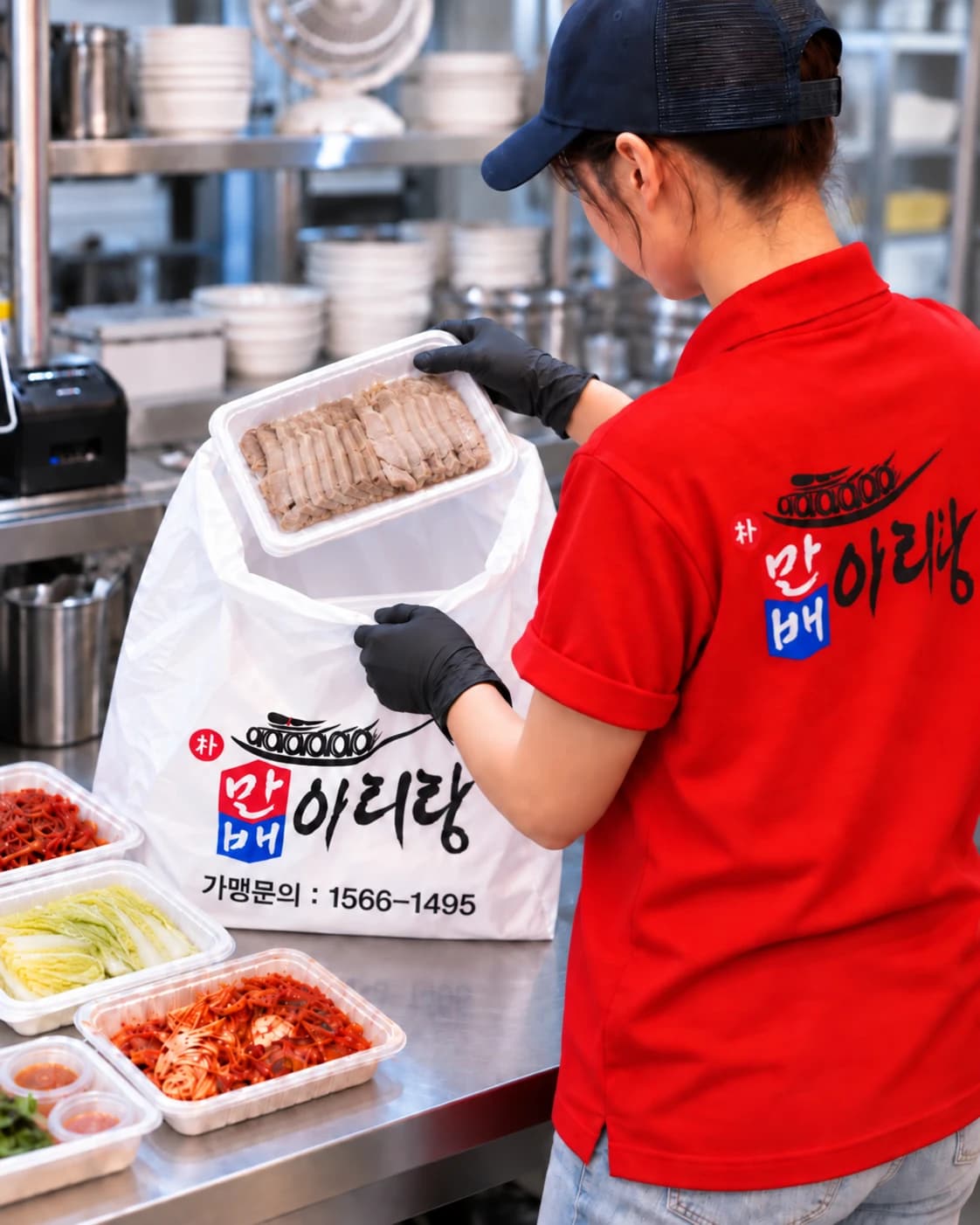 만배아리랑 직원이 브랜드 유니폼을 입고 전용 포장봉투와 일반 배달용기로 음식을 포장하는 모습