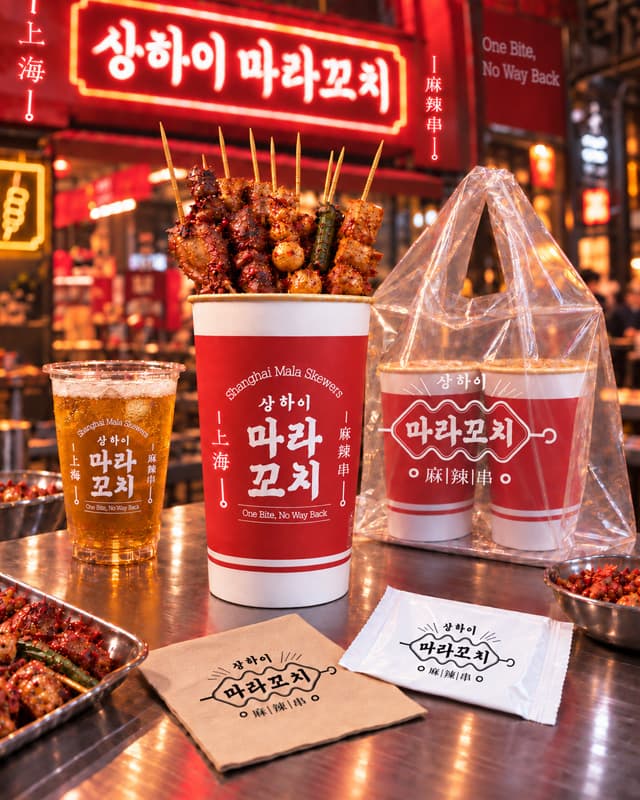 상하이마라꼬치 매장에서 사용하는 페트컵, 포장컵과 포장봉투, 냅킨과 물티슈