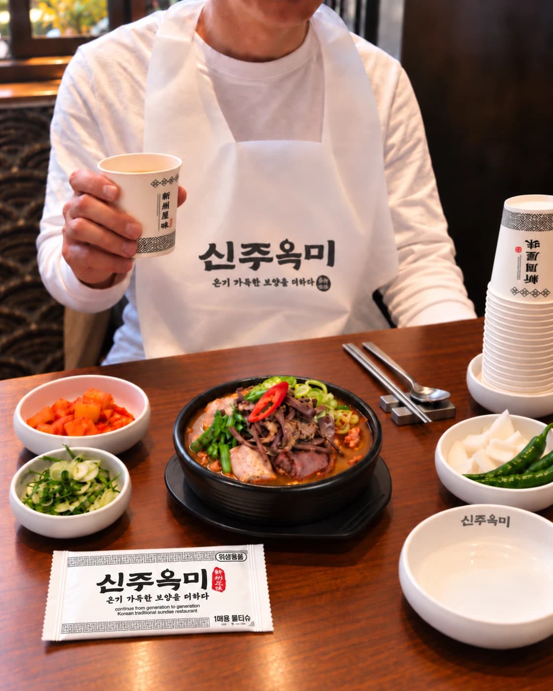 신주옥미의 브랜드 종이컵과 일회용 앞치마, 물티슈를 사용하는 식사 현장
